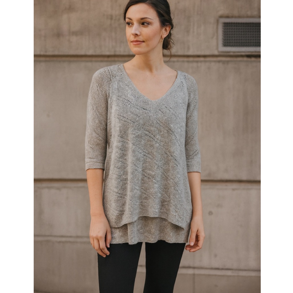 Eileen Fisher Cream Open Knit 3/4 Sleeve High Low Hem Pullover Sweater M